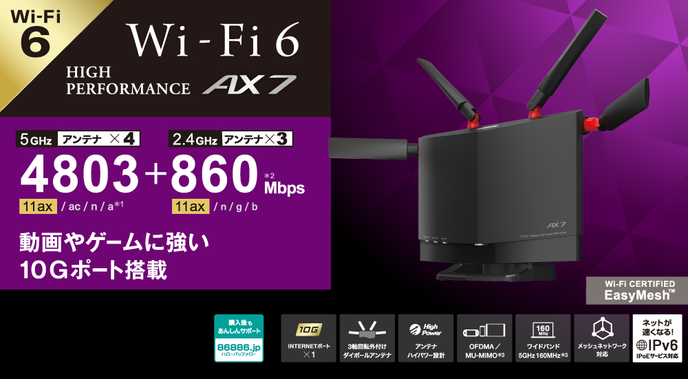 バッファロー 無線LAN親機 WiFiルーター 11ax/ac/n/a/g/b 4803+860Mbps WiFi6/Ipv6対応 ブラック  WXR-5700AX7B/D - NTT-X Store